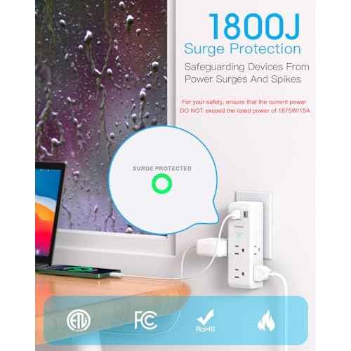 Surge Protector Outlet Extender - with Rotating Plug, 6 AC Multi Plug Outlet with 3 USB Ports (1 USB C), 1800J Wall Charger, 3-Sided Power Strip with Spaced Outlet Splitter for Home, Office, Travel