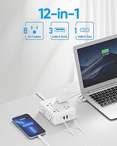 Olcorife 10 FT Flat Plug Power Strip with 8 Outlets & 4 USB Ports - White