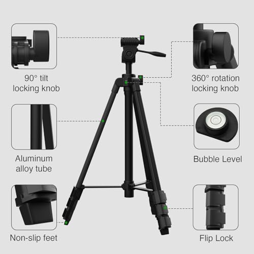 55" Aluminum Laser Level Tripod with Bubble Level - Matte Black, 1/4" QR Plate, Lightweight 1.2 lb