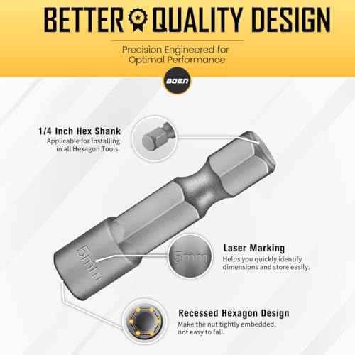 BOEN 9-Piece Power Nuts Driver Set, Metric Hex Shank (5-13mm), Impact Driver Bit Set, 1/4" Quick Change, Chrome Vanadium Steel