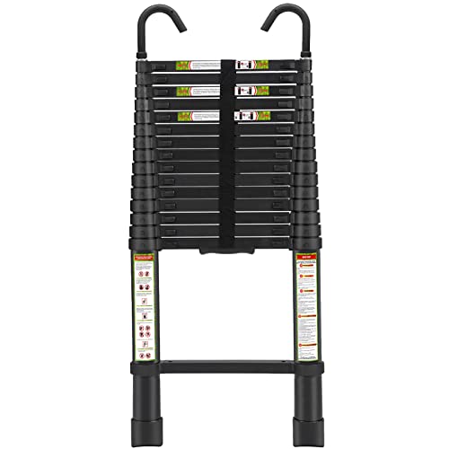 RIKADE 20.3 FT Aluminum Telescoping Ladder with Detachable Hooks, Black, Lightweight Collapsible Extension Ladder for Roof & RV