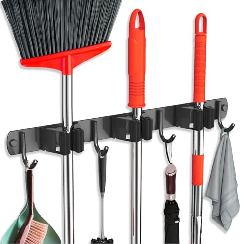 FODARSAI Black Wall Mount Broom and Mop Organizer 3 Racks 4 Hooks – Stainless Steel