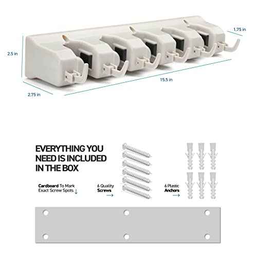 HOME IT Mop And Broom Holder Wall Mount - Garage Storage Systems with 5 Slots, 6 Hooks, 7.5lbs Capacity Per Slot - Garden Tool Organizer For Home, Kitchen, Closet, Garage, Laundry Room - Off-White