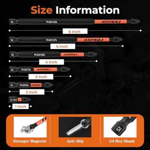 12-Piece Phillips Bits #2 Impact Magnetic, S2 Steel, 1 2 3 4 5 6 Inch Long 2 Phillips Bits Set, 1/4 Hex Shank Phillips Head Drill Bits