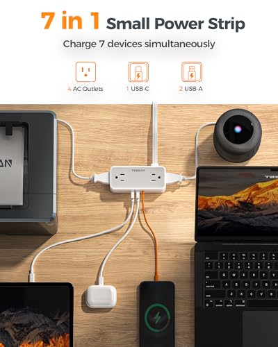TESSAN 5 FT Power Strip with USB-C & USB-A, Surge Protection, Flat Wall Plug, Gray
