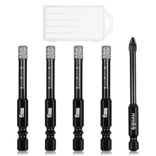 5 Pcs Dry Diamond Drill Bits Set 6mm Diamond Core Tile Drill Bits 1/4" Carbide Hole Saws 6mm Vacuum Brazed Masonry Set for Granite Tile Ceramic Marble Stone Glass Hard Material