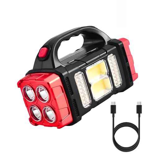 High Lumens Solar Flashlight - LED Work Light with USB-C Rechargeable, Waterproof, Multi-Function Flashlight & Lantern for Camping, Emergencies, and Outdoor(RED)