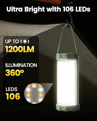 Glocusent 106 LED Rechargeable Camping Lantern - Green, Waterproof, 1200LM, Emergency & Outdoor Use