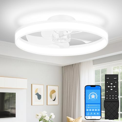 VOLISUN 20in White Low Profile Ceiling Fan with Lights & Remote, Dimmable LED Fandelier