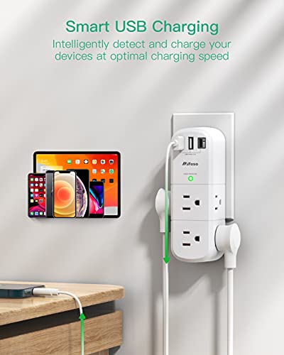 Mifaso 9-in-1 Surge Protector Power Strip Outlet Extender with Rotating Plug, 2A1C, White