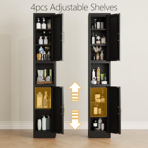 67-Inch Tall Narrow Metal Pantry Cabinet with Adjustable Shelves & Double Doors - Black