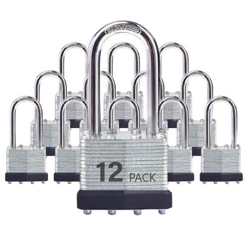 Keyed Alike Laminated Steel Padlocks with Long Shackle for Sheds, Fences & Lockers (12-Pack)