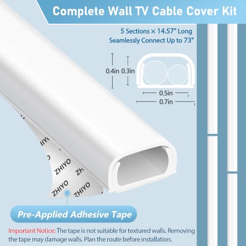 ZhiYo 73-inch White Cord Cover for Wall Wires, PVC Cable Hider, 0.7" W x 0.4" H