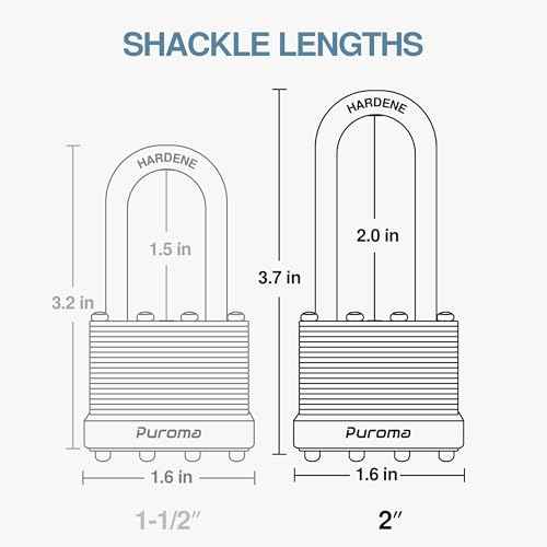 Puroma Lock 1 Pack Padlocks, 2¡± Long Shackle Heavy-Duty Locks with 2 Keys, 40mm Hardened Steel Keyed Alike Padlocks for Sheds, Gates, Fences, Toolbox, Outdoor and Indoor Use£¨Silver£©