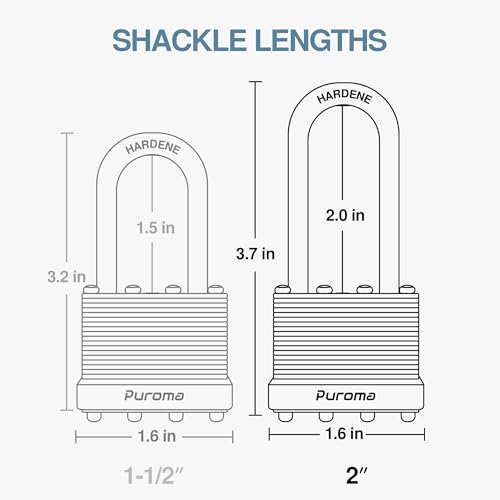 Puroma Lock 6 Pack Padlocks, 2¡± Long Shackle Heavy-Duty Locks with 2 Keys, 40mm Hardened Steel Keyed Alike Padlocks for Sheds, Gates, Fences, Toolbox, Outdoor and Indoor Use£¨Silver£©