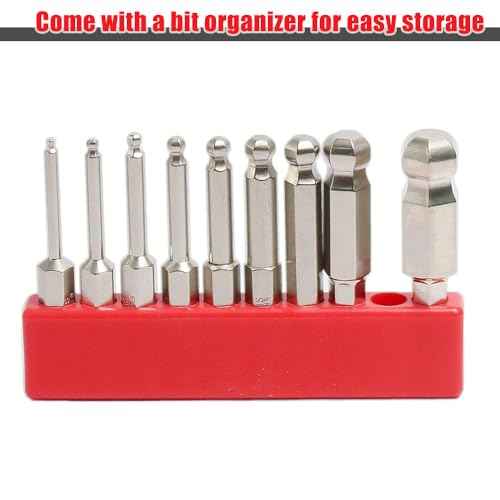 9pcs Metric Ball End Hex Screwdriver Bit Set, Magnetic Allen Wrench Drill Bit Set, 1/4" Hex Shank S2 Steel, 2" Long