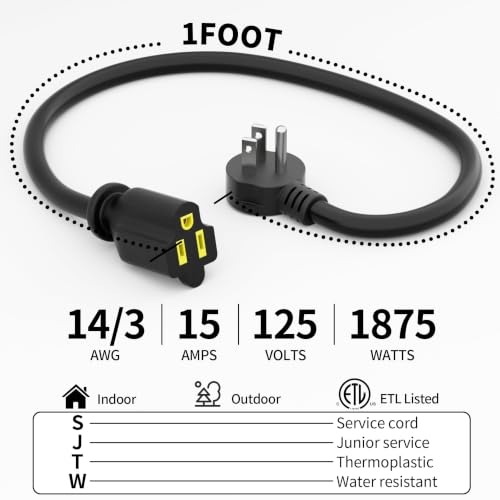 Vockjour Black 1FT 3-Pack Low Profile Flat Extension Cords, 14AWG Heavy Duty