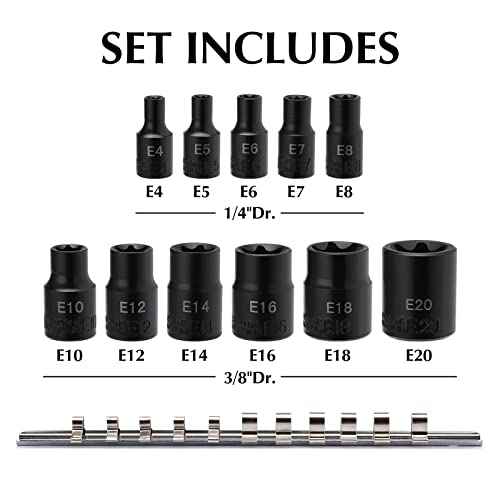 EMENTOL 11PCS E-Torx Socket Set with Rail, CR-V, 1/4" and 3/8" Drive, Female External Torx Star Socket Set, E4 - E20