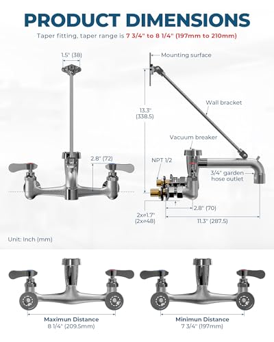 IVIGA Rough Chrome Commercial Wall Mount Mop Sink Faucet with Vacuum Breaker, 8 Inch Center, 1/4 Turn Ceramic Valves, Heavy Duty Solid Brass