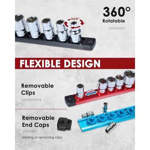 3/8" Magnetic Socket Holder Organizer - Aluminum Alloy Socket Rail Tray for Tool Box Drawer, Socket Rack with Extra 2Pcs Replacement Clips for Automotive Garage(Red)