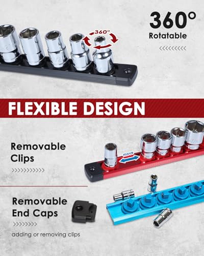 Pinoze 8-Piece Magnetic Socket Organizer Set 1/4 3/8 1/2 with 114 Clips Aluminum