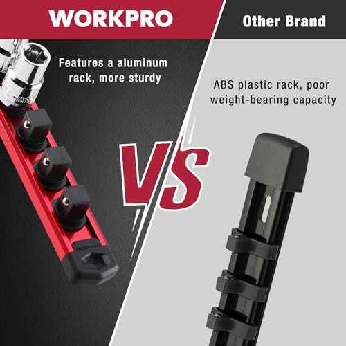WORKPRO Magnetic Socket Organizer, 3/8-Inch Drive Aluminum Alloy Sockets Rail, Heavy Duty Sockets Holder, Socket Rack Kit 3/8-Inch x 10 Clips (Red)