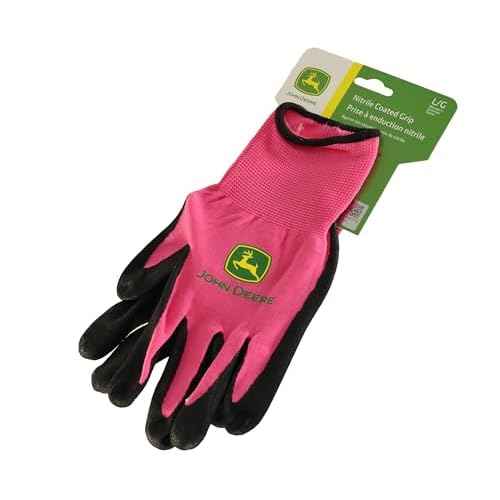 John Deere JD00021 Nitrile Foam Palm Dipped Gloves - Work Gloves for Women, Light-Duty Gloves with Elastic Wrist, Band Top Cuff, Black/Pink