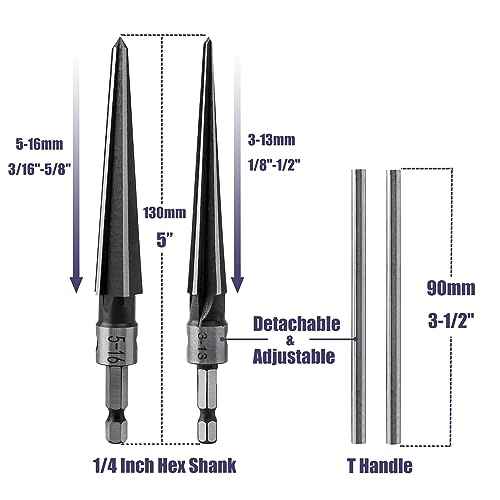 Yakamoz 2Pcs T Handle Tapered Reamer Set 1/4" Hex Shank Detachable Taper Hand Reamers Guitar Tapered Hole Reamer Tool