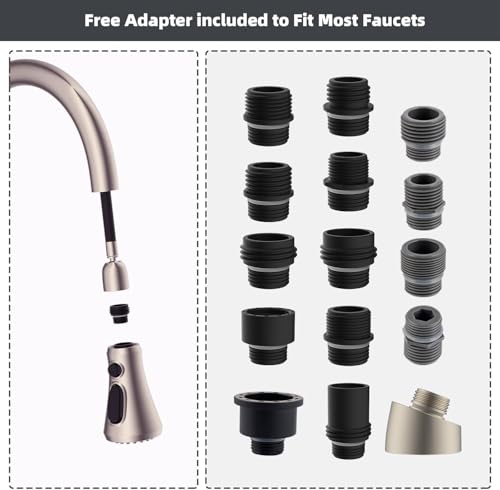 Hibbent 2.5GPM Kitchen Faucet Spray Head with 3 Modes, Brushed Nickel, 15 Adapters