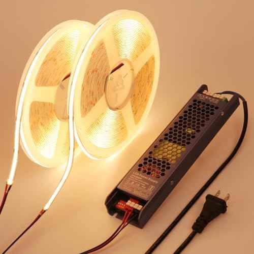 24V COB LED Strip Light 65.6ft (2 Rolls of 32.8ft) Kit, 3000K Warm White Cuttable 11W/M 312LEDs/M CRI 93 LED Tape Lights with Power Supply for Bedroom Kitchen Living Room Ceiling