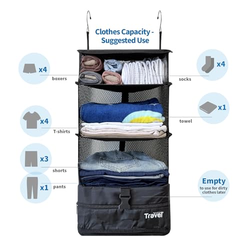 Grand Fusion Black L Hanging Travel Shelves Packing Organizer for Luggage - Expandable Suitcase Closet