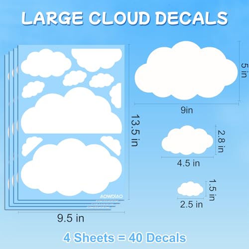 AOWDIAO Cloud Wall Decals - 40 Peel & Stick Clouds for Nursery & Bedroom - Cloud Variation