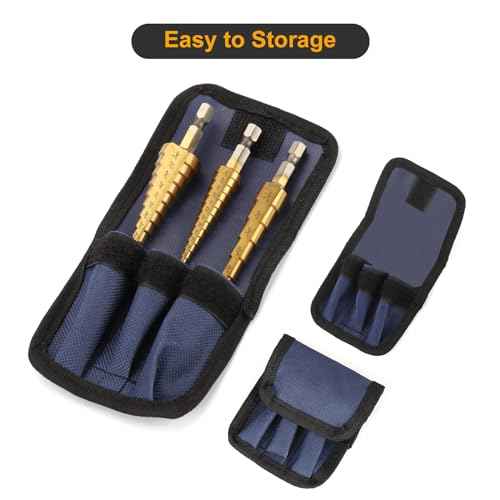 Step Drill Bit Set, 3PCS HSS Titanium Coated High Speed Steel Step Bits Covering 28 Sizes (1/8"-3/4") for Wood, Plastic, Sheet Metal with Portable Bag, Nice Gift for DIY Lovers