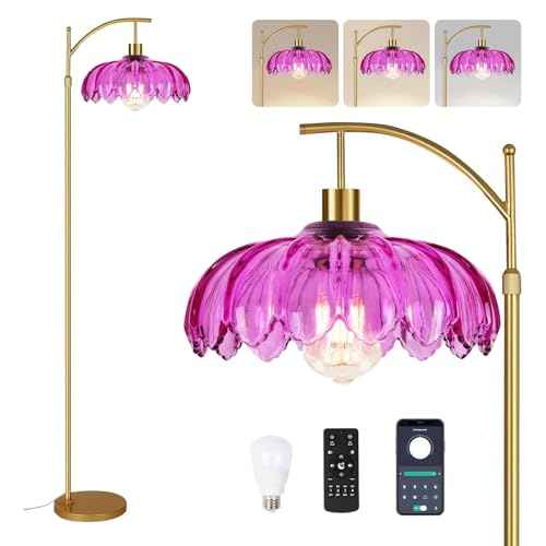 Vintage Floor Lamps for Living Room Arc Floor Lamp with Remote Control & Glass Lampshade,Mid Century Modern Standing Lamp Gold Tall Flower Lamp for Bedroom Living Room Corner