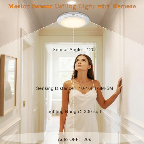 L.JUJAM 2 Pack Rechargeable Motion Sensor Ceiling Lights with Remote, Dimmable & 3CCT Indoor Night Lights for Closet, Shower, Hallway, Porch, RV