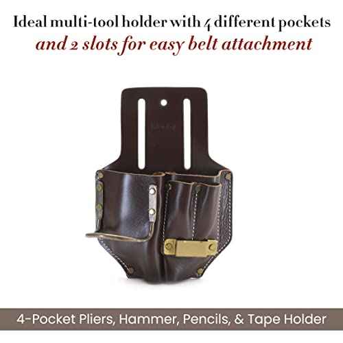 Style N Craft 4 Pocket Pliers, Hammer, Pencils & Tape Holder, Full-Grain Leather Tool Pouch, Multi Tool Holder, Dark Tan (#98017)