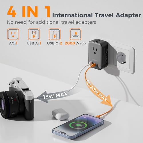 TESSAN Travel Adapter 009 Black Silver, 20W USB C & A Power Charger