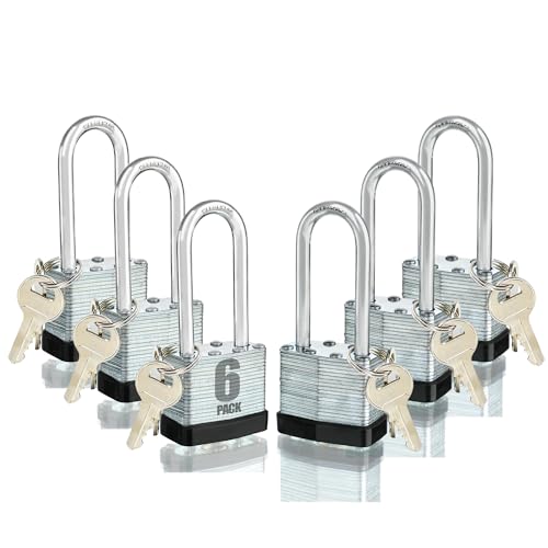 6 Keyed Alike Padlocks with 12 Keys, 40mm Heavy-Duty Padlocks with Same Keys Long Shackle Durable Hardened Steel for Gate Fence Toolbox School Gym(1.7 * 3.7inch)