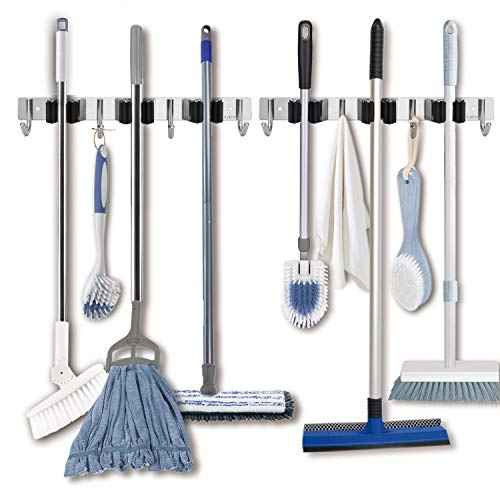 Broom Hanger Wall Mounted, 2PCS Mop and Broom Holder Wall Mount Garage Organization and Storage Stainless Steel Kitchen Tool Organizer Wall Hanger for Laundry Room Garden Garage Closet Kitchen