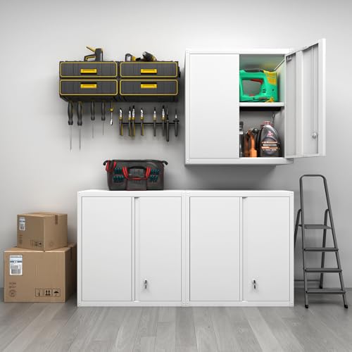 Wall Mounted Storage Cabinet, Metal Garage Cabinet in White, 27.95H, 2 Adjustable Shelves