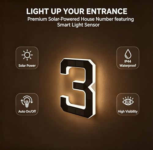Black 6.7 Inch Solar Lighted House Numbers - Outdoor Address Sign, Auto Dusk-to-Dawn, Waterproof
