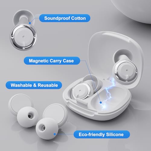 Adjustable Ear Plugs for Sleeping Noise Cancelling - 3 Modes Noise Reduction EarPlugs (17-35dB) for Snoring, Travel & Concerts | 7 Pairs Silicone Tips (XS/S/M/L) | Magnetic Carry Case | White
