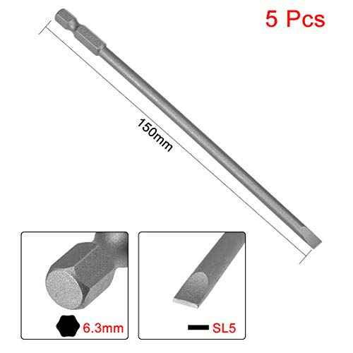 uxcell 5 Pcs 5mm Slotted Tip Magnetic Flat Head Screwdriver Bits, 1/4 Inch Hex Shank 6-inch Length S2 Power Tool