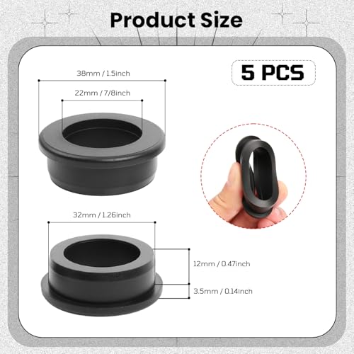 Sunkoo Black Rubber Grommets 1-1/4" Drill Hole, 7/8" Inner Diameter, 5 Pack