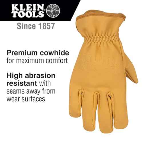 Klein Tools 60602 Work Gloves, Premium Cowhide Leather Gloves, Abrasion-Resistant Split Leather Palm Patch, Small