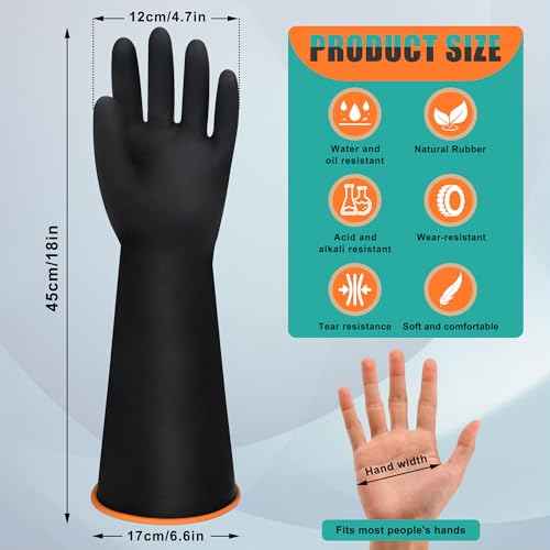18" XL Size Latex Chemical Resistant Gloves, Reusable Heavy Duty Long Rubber Glove Dishwashing Gloves, Industrial Safety Glove for Men, Forearm Protection Waterproof Resist Strong Acid, Alkali, Oil