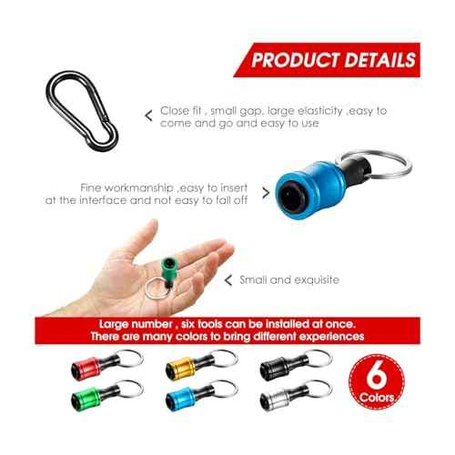 Bit Holder Key Chain 6pcs - 1/4 inch Hex Shank Bit Holders - Quick Release Design with Keychain Carabiner for Nut Driver, Screwdriver & Drill Bits, Aluminum Alloy, Color Coded - Gift for Men