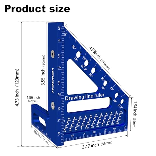 ViewReal Blue 3D Multi-Angle Aluminum Woodworking Square Ruler 22.5–90° Protractor