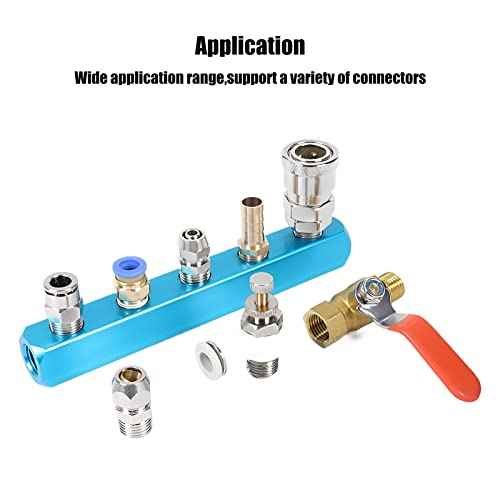 Air Manifold, 2 Way 5 Port Air Compressor Manifold, Aluminum Air Hose Inline Manifold Block Splitter, Pneumatic Manifold Air Distribution Block, NPT 1/4 Inch Supply Port, NPT 1/4 Inch Output Port