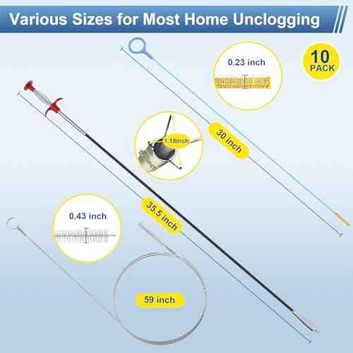 Drain Snake Clog Remover Tool: 5 ¡¿ 30 Inch Sink Snake + 1 ¡¿ 35.5 Inch Drain Cleaner Tool + 4 ¡¿ 59 Inch Tube Drain Brush for Shower, Toilet, Bathroom Sink & Tub (10 Pack)